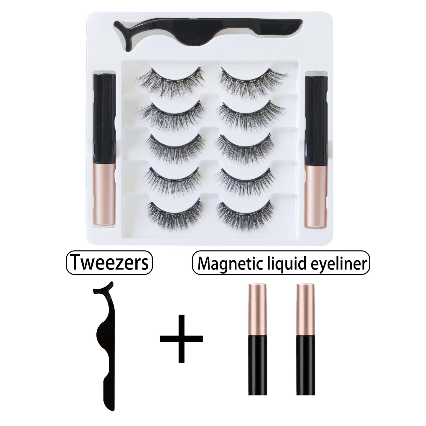 Magnetic False Eyelashes – 5 Rows, Naturally Thick & Curled, 10–15mm with Eyeliner