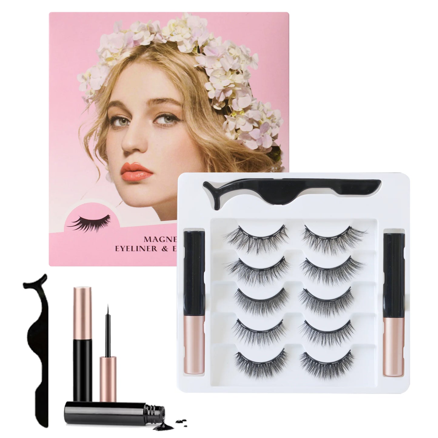 Magnetic False Eyelashes – 5 Rows, Naturally Thick & Curled, 10–15mm with Eyeliner